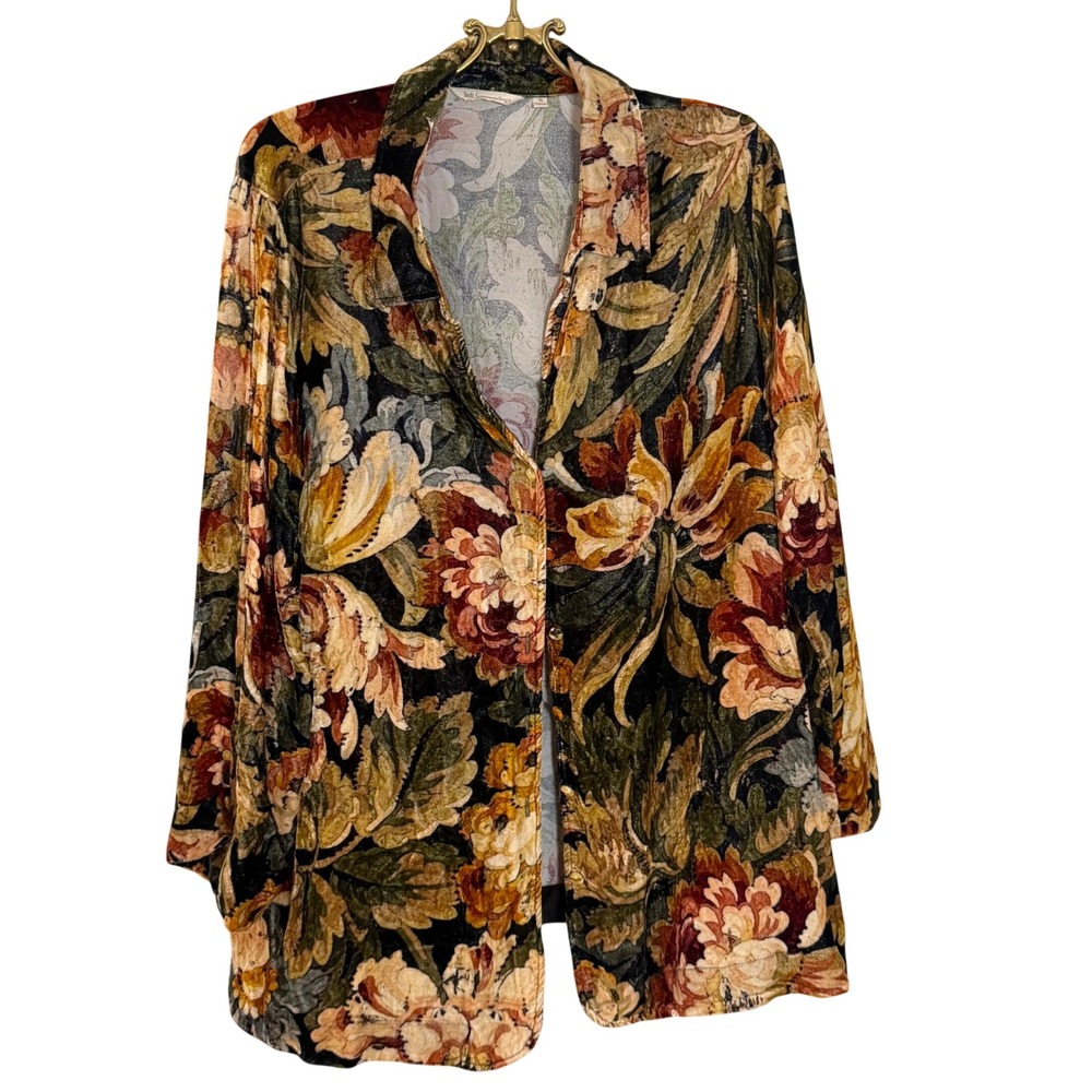 Soft Surroundings Silk Blend Velvet Floral Button Up Shirt XL Earth Tones 2EM11